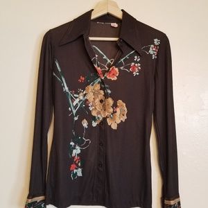 Nylon Brown and Baby Blue Collared Floral Shirt